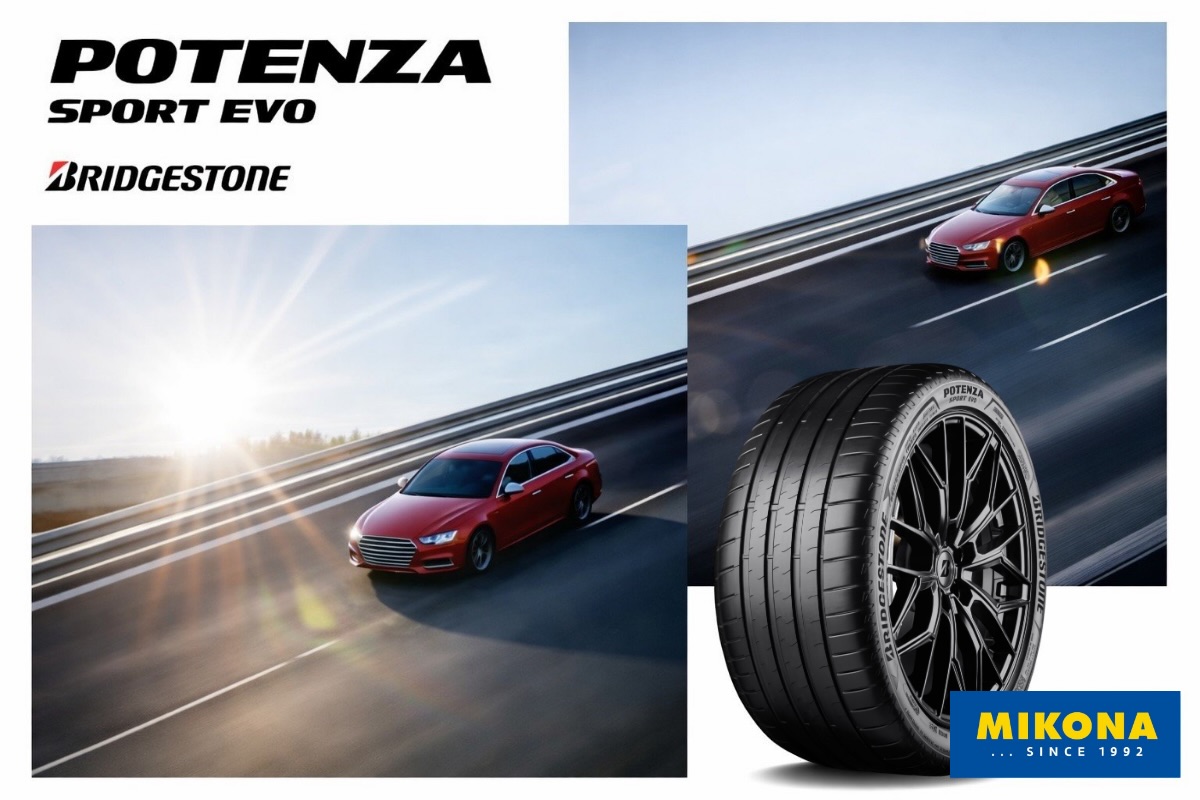 Bridgestone Potenza Sport Evo letné pneumatiky s červeným autom na diaľnici a detailom dezénu